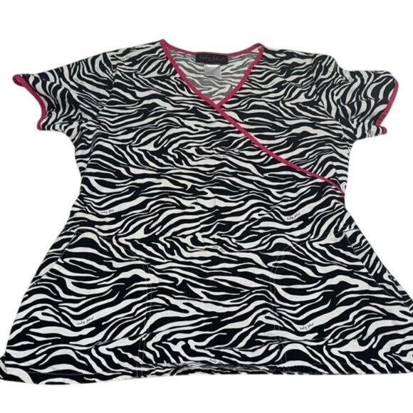 Baby Phat Zebra Print Wrap Scrub Top W/ Pink Trim Short Sleeve Womens Size L - Picture 1 of 8